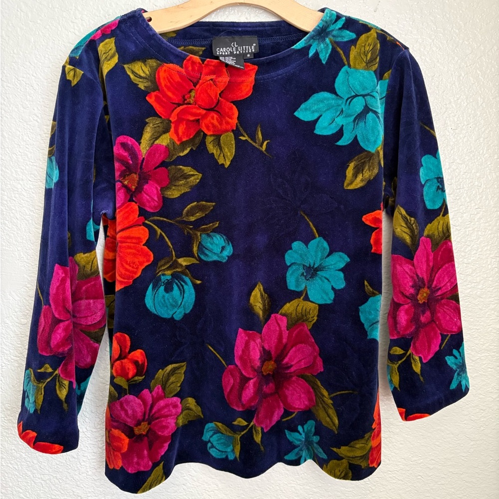 Carole Little Petite Velvet Floral Long Sleeve Top